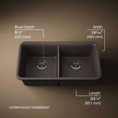 Cairn 33-1/2" Undermount Double Equal Bowl Neoroc Granite Composite Kitchen Sink with Right Sink Rack Included