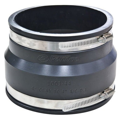 Transition Coupling, 4 in, West Coast Clay x Asbestos Cement Fiber/Ductile Iron, Flexible PVC