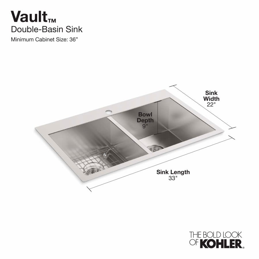 Vault 33" Double Basin Top-Mount/Under-Mount 18-Gauge Stainless Steel Kitchen Sink with SilentShield and Bottom Sink Rack