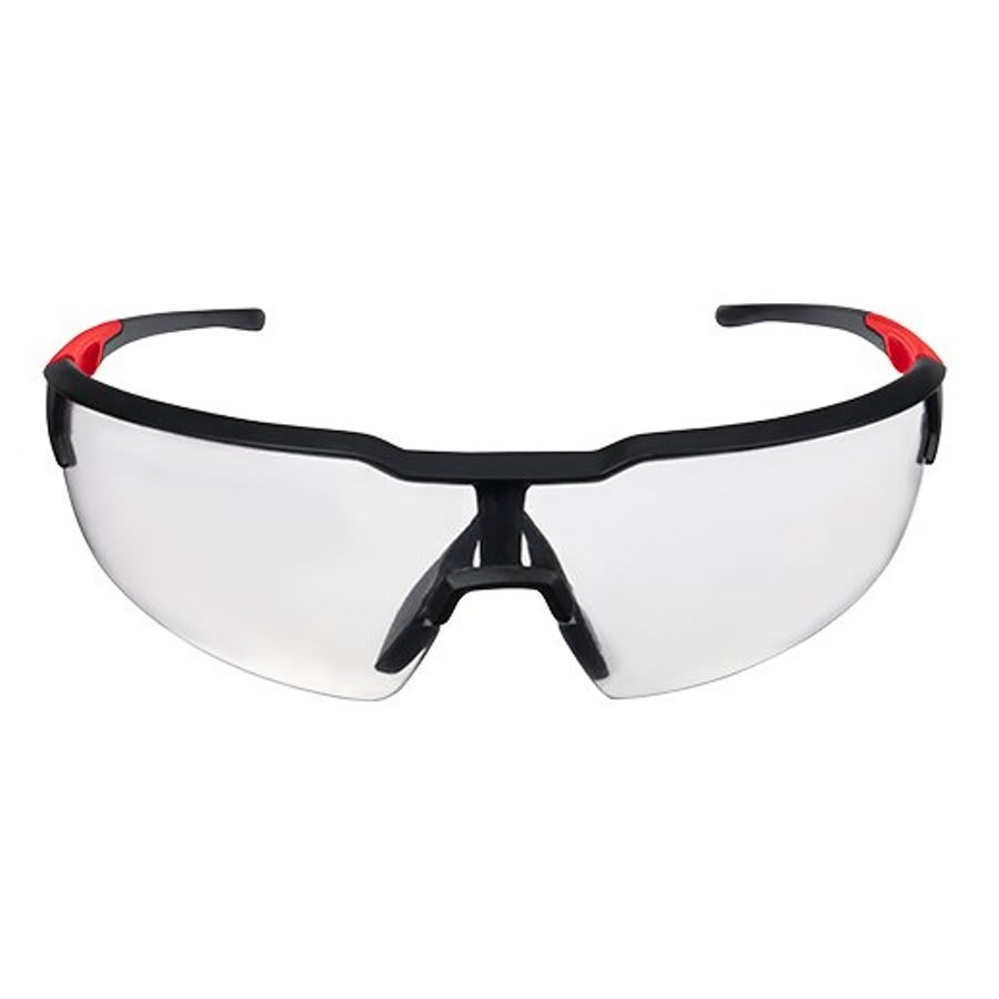 Safety Glasses, Black/Red Frame, Clear Lenses