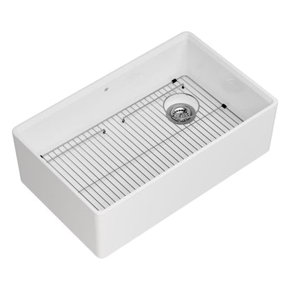 Etre 32-3/4" Farmhouse, Undermount Single Basin Fireclay Kitchen Sink with Basin Rack, and Basket Strainer