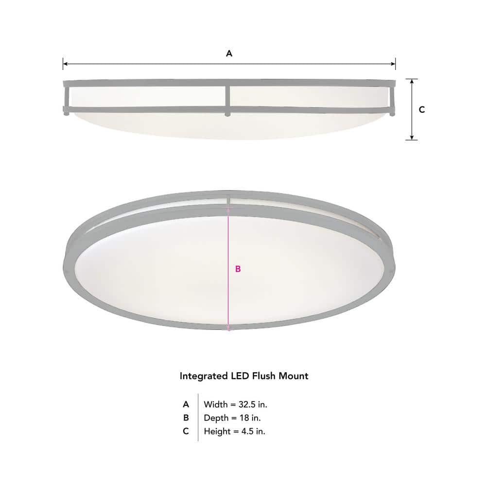 DC Series 32 in. 1-Light Modern Brushed Nickel Selectable Dimmable LED Oval Flush Mount with White Acrylic Shade