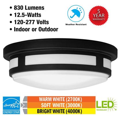 11 in. Round Black Indoor Outdoor LED Flush Mount Ceiling Light Adjustable CCT 830 Lumens Wet Rated Front or Side Door