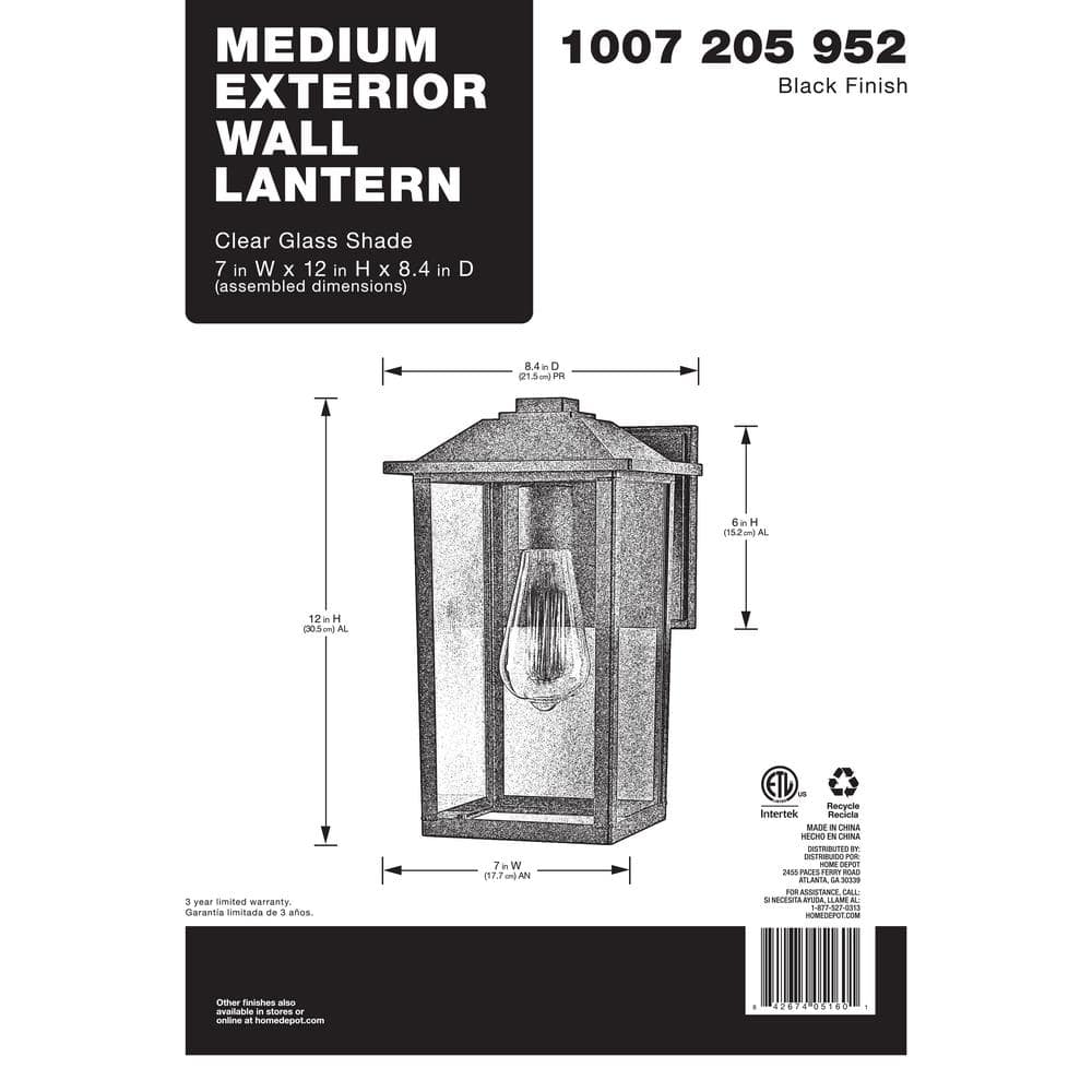 1-Light 12 in. Black Hardwired Transitional Outdoor Wall Light Lantern Sconce with Clear Glass