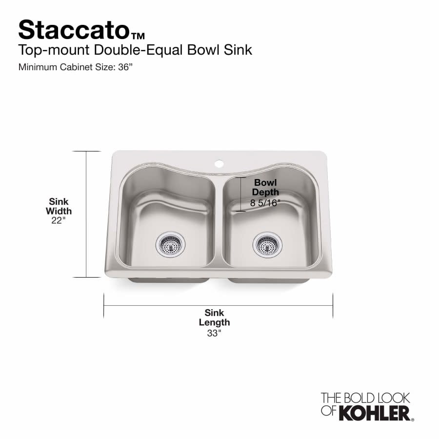 Staccato 33" Double Basin Top-Mount 18-Gauge Stainless Steel Kitchen Sink with SilentShield