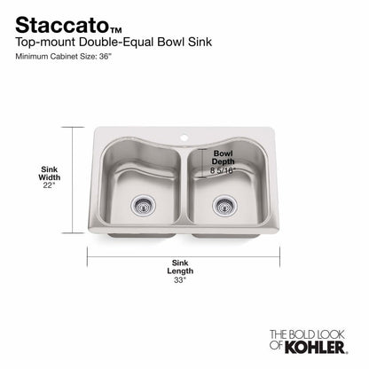 Staccato 33" Double Basin Top-Mount 18-Gauge Stainless Steel Kitchen Sink with SilentShield