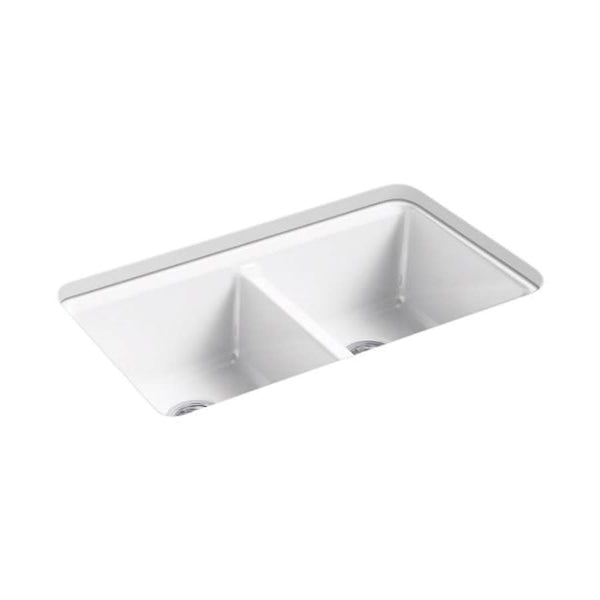 Riverby® Double Bowl Kitchen Sink, Under Mount, 33 x 22 in, 9 in Bowl Depth, 5-Hole, Cast Iron, White