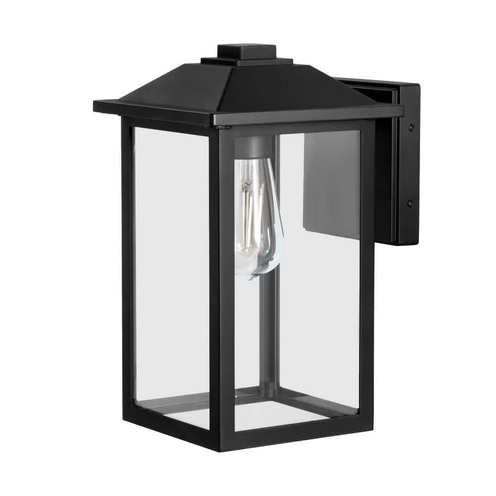 1-Light 12 in. Black Hardwired Transitional Outdoor Wall Light Lantern Sconce with Clear Glass