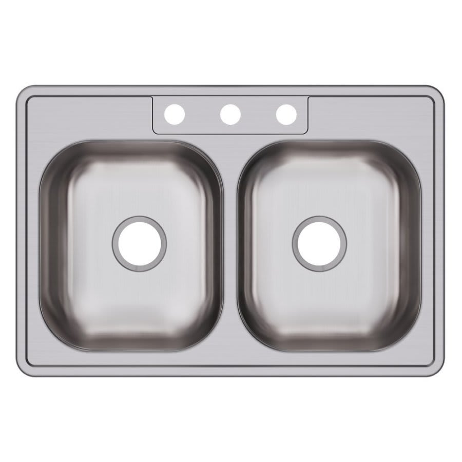 Dayton® Double Bowl Kitchen Sink, Top Mount, ADA, 33 x 22 in, 6-3/8 in Bowl Depth, 3-Hole, 22 ga Satin Steel, Stainless