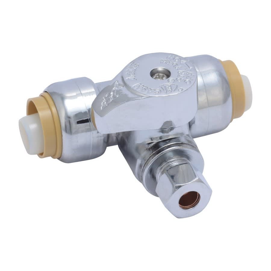 Quarter Turn Tee Stop, 1/2 x 1/4 in, Push x Push x Comp, Chrome