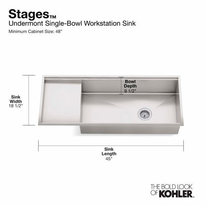 Stages 45" Single Basin Under-Mount 16-Gauge Stainless Steel Kitchen Sink with SilentShield