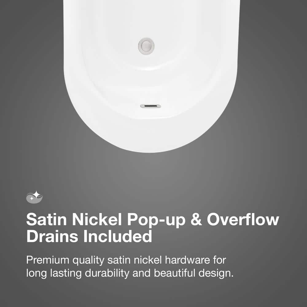 Coniston 60 in. Acrylic Freestanding Flatbottom Bathtub in White with Overflow and Drain in Brushed Nickel Included
