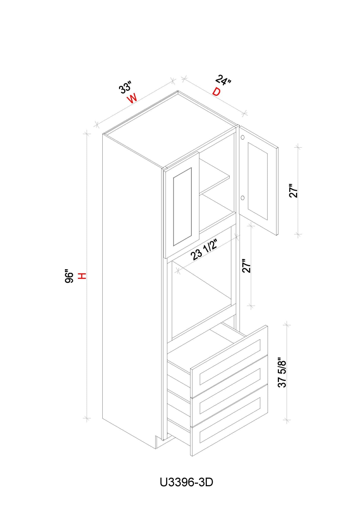 Oven Pantry Cabinet- 33"W x 96"H x 24"D - 2D, 3DRW