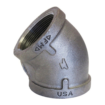 45 deg Elbow, 1-1/2 in, FNPT, 150 lb, Malleable Iron, Galvanized, Domestic