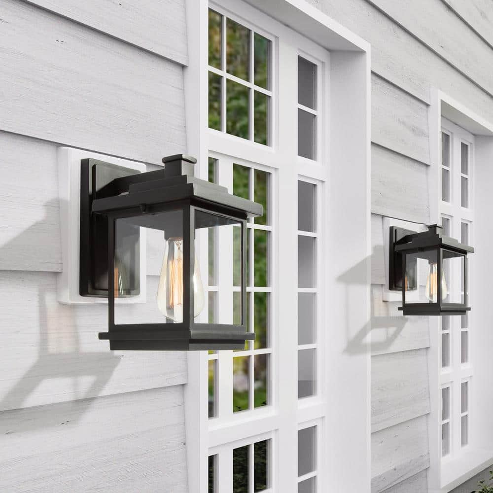 LNC Square 1-Light Black Outdoor Wall Lantern Sconce with Clear Glass Shade, Modern Exterior Wall Light for Patio Garden