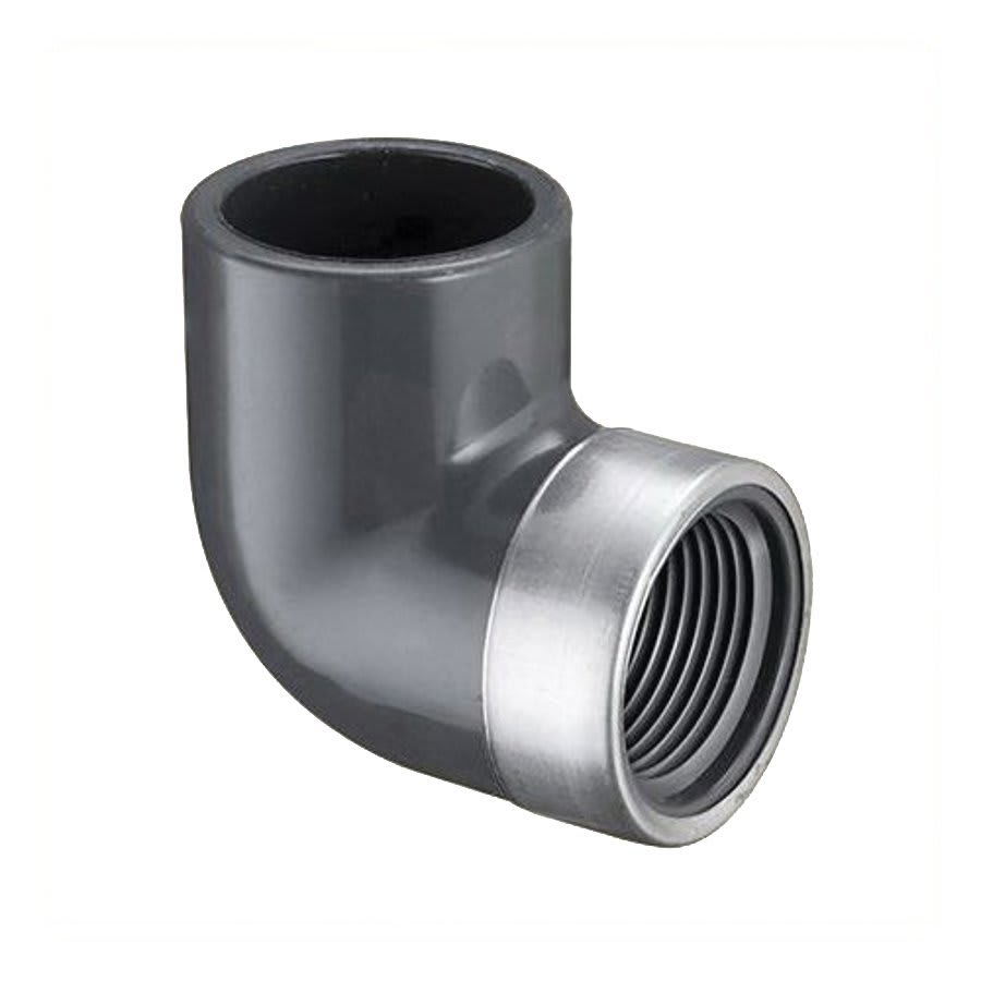 90 deg Elbow, 1 in, Socket x Stainless Steel Reinforced FNPT, SCH 80/XH, PVC