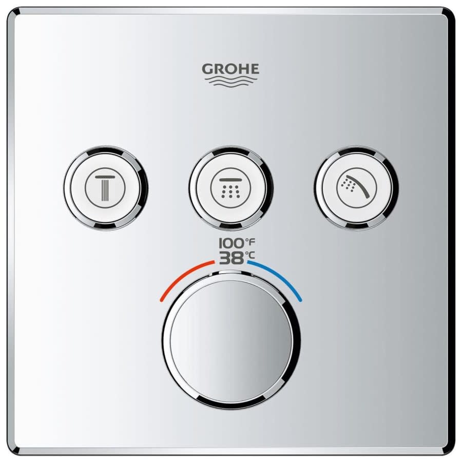 Grohtherm Three Function Thermostatic Valve Trim Only with Four Knob / Push Button Handles, Integrated Diverter, and Volume Control - Less Rough In