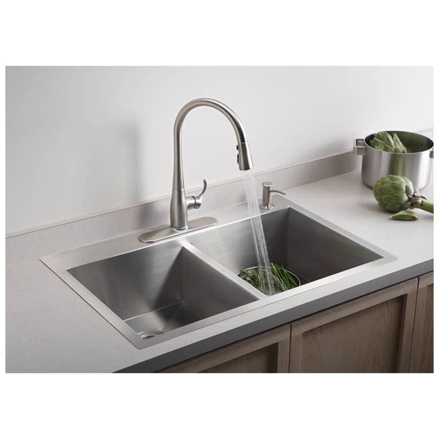 Vault 33" Double Basin Top-Mount/Under-Mount 18-Gauge Stainless Steel Kitchen Sink with SilentShield and Bottom Sink Rack