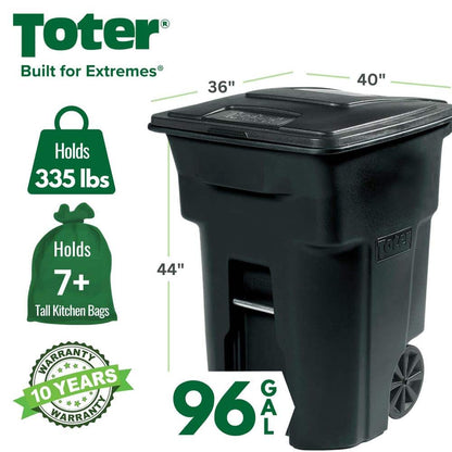 96 Gallon Black Rolling Outdoor Garbage/Trash Can with Wheels and Attached Lid