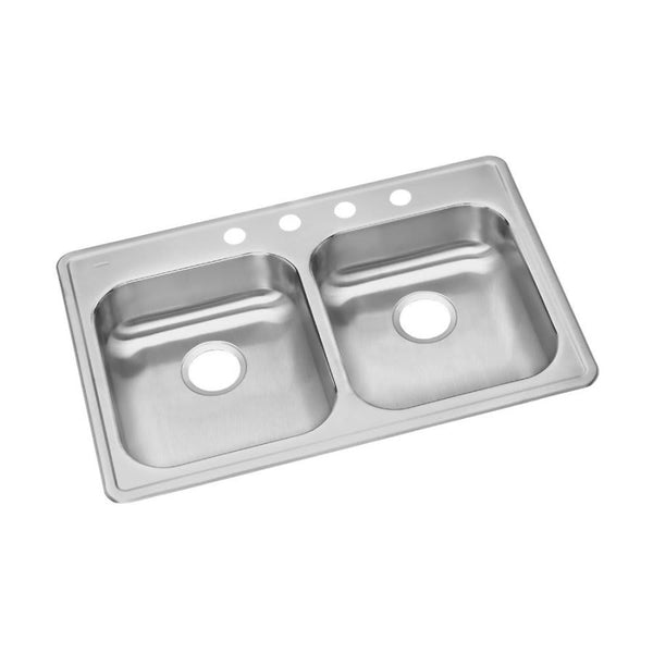 Dayton® Double Bowl Kitchen Sink, Top Mount, ADA, 33 x 21-1/4 in, 5-1/4 in Bowl Depth, 4-Hole, 22 ga Brushed Satin Steel, Stainless