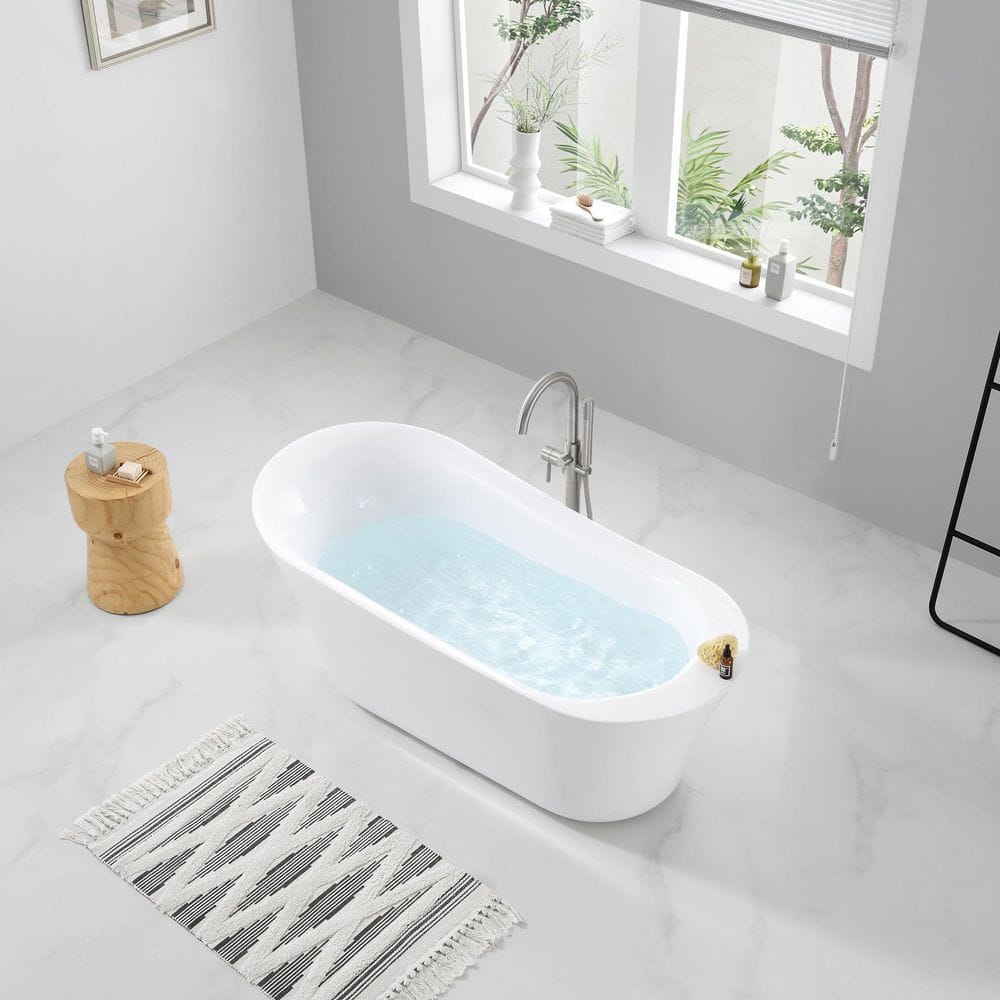 Coniston 60 in. Acrylic Freestanding Flatbottom Bathtub in White with Overflow and Drain in Brushed Nickel Included