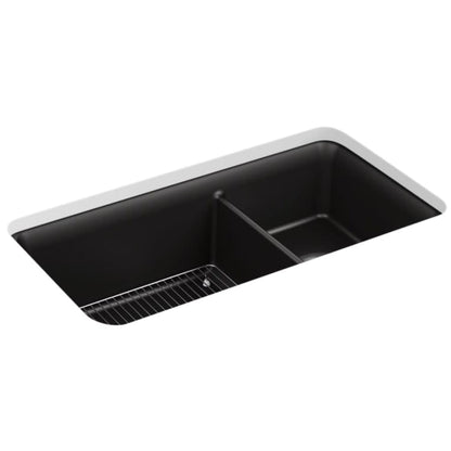 Cairn Slim Divide 33-1/2" Undermount Double Bowl Neoroc Granite Composite Kitchen Sink with Large Bowl Sink Rack