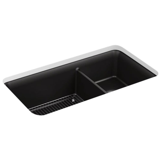 Cairn Slim Divide 33-1/2" Undermount Double Bowl Neoroc Granite Composite Kitchen Sink with Large Bowl Sink Rack