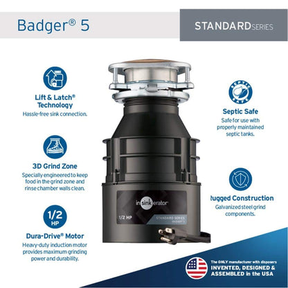 Badger 5, 1/2 HP Continuous Feed Kitchen Garbage Disposal with Power Cord, Standard Series