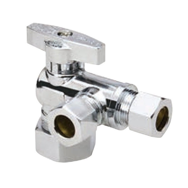 Quarter Turn Dual Stop, 5/8 x 3/8 x 3/8 in, Comp, Chrome