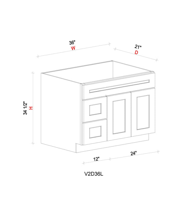 Vanity Sink Base Cabinet with Drawers Left - 36"W * 34- 1/2"H * 21"D