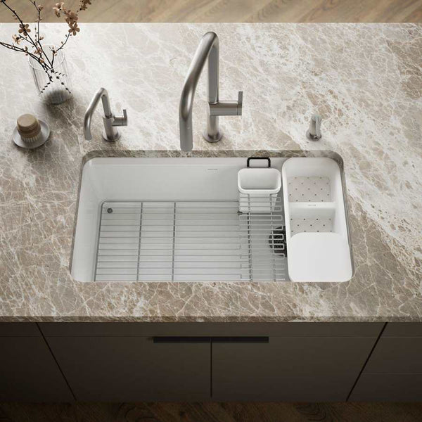 Riverby 33" Undermount Single Basin Enameled Cast Iron Workstation Kitchen Sink with Utility Rack, Sink Rack and Colander, and Intregral Cutting Board