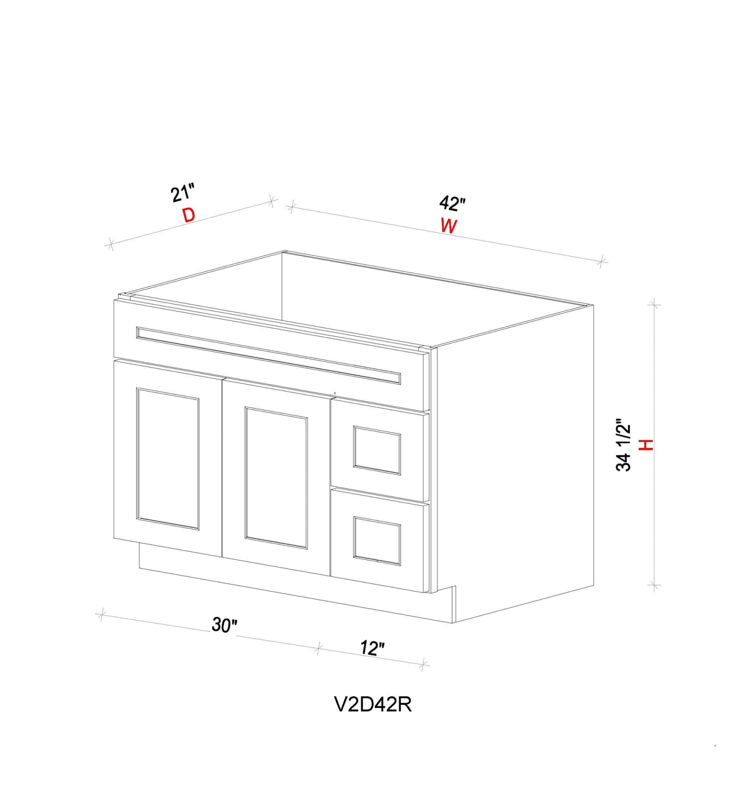 Vanity Sink Base Cabinet with Drawers Right - 42"W * 34- 1/2"H * 21"D