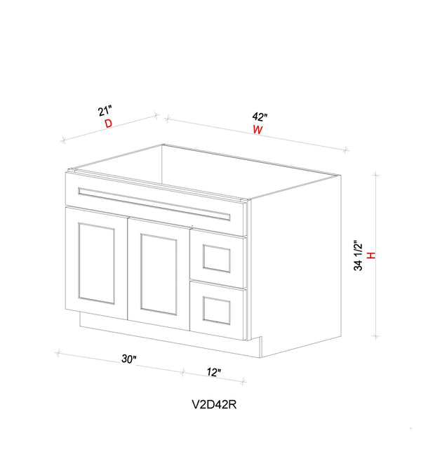 Vanity Sink Base Cabinet with Drawers Right - 42"W * 34- 1/2"H * 21"D