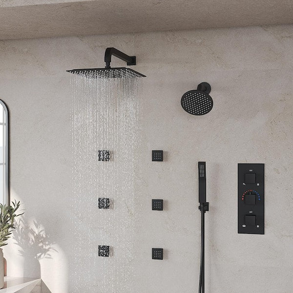 GRANDJOY ZenithRain Thermostatic Dual Showers 8-spray 12 in. Shower System with Hand Shower in Matte Black Valve Included SGF10GJ-17-BL12