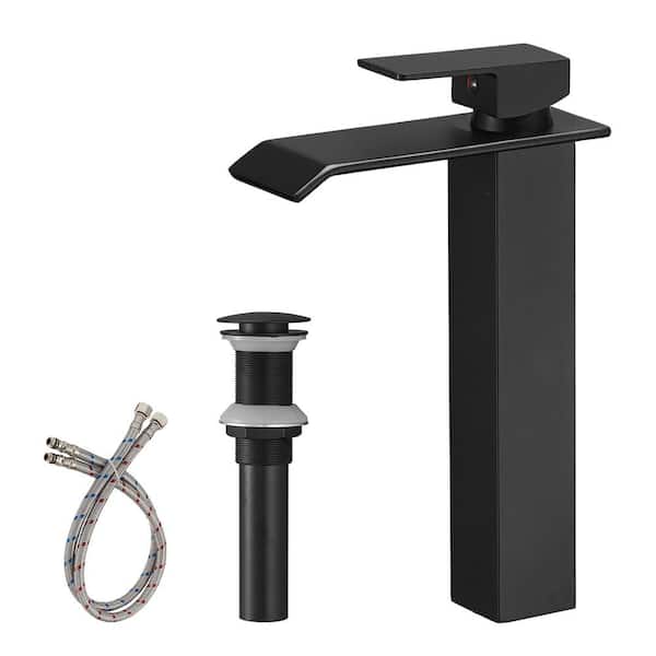 BWE Waterfall Single Hole Single Handle Bathroom Vessel Sink Faucet With Pop-up Drain Assembly in Matte Black A-96004H-Black