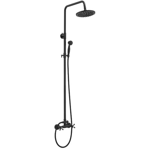 BWE 2-Spray Outdoor Wall Bar Shower Kit 8 in. Round Rain Shower Head with Hand Shower and 2 Cross Knobs in Matte Black A-98015-B