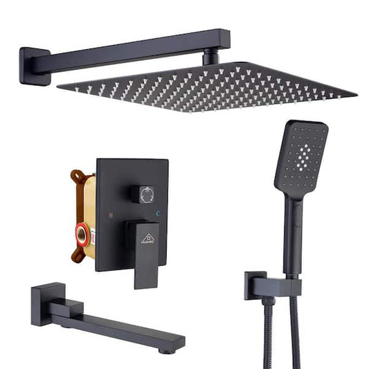CASAINC 1-Handle 3-Spray Pattern 12 in. Wall Mount Shower Set Shower Head, Tub and Shower Faucet, Matte Black (Valve Included) WF-W98103H-12