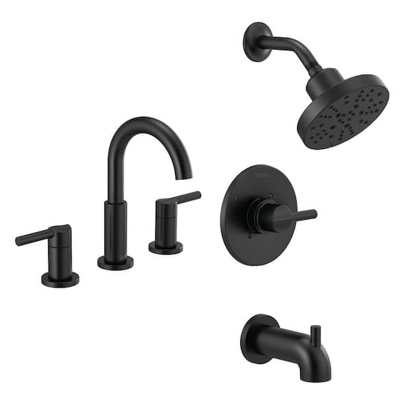 Delta Nicoli 5-Spray Tub and Shower Faucet with J-Spout 8 in. Widespread Double Handle Bathroom Faucet in Matte Black FVS2-NI0202-BL