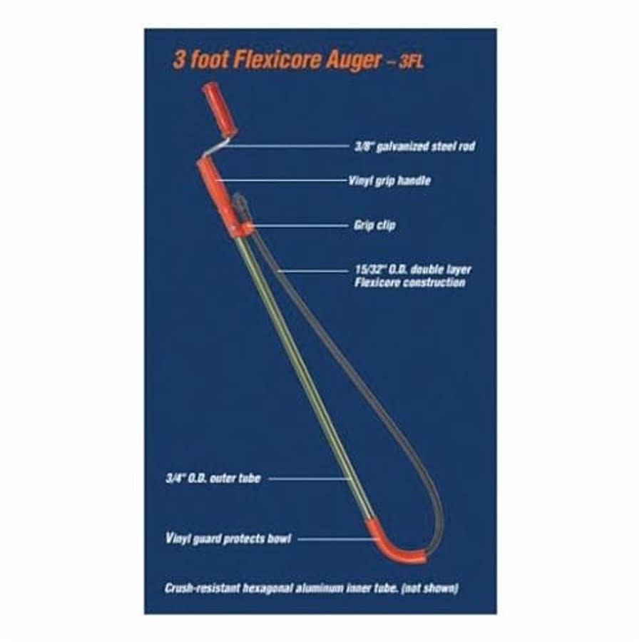 Flexicore® Down Head Toilet Closet Auger, 3 ft L Cable, Vinyl Grip Handle