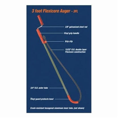 Flexicore® Down Head Toilet Closet Auger, 3 ft L Cable, Vinyl Grip Handle