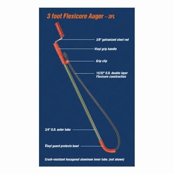 Flexicore® Down Head Toilet Closet Auger, 3 ft L Cable, Vinyl Grip Handle
