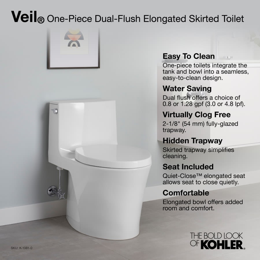 Veil One-piece Elongated Dual-Flush Toilet with Skirted Trapway