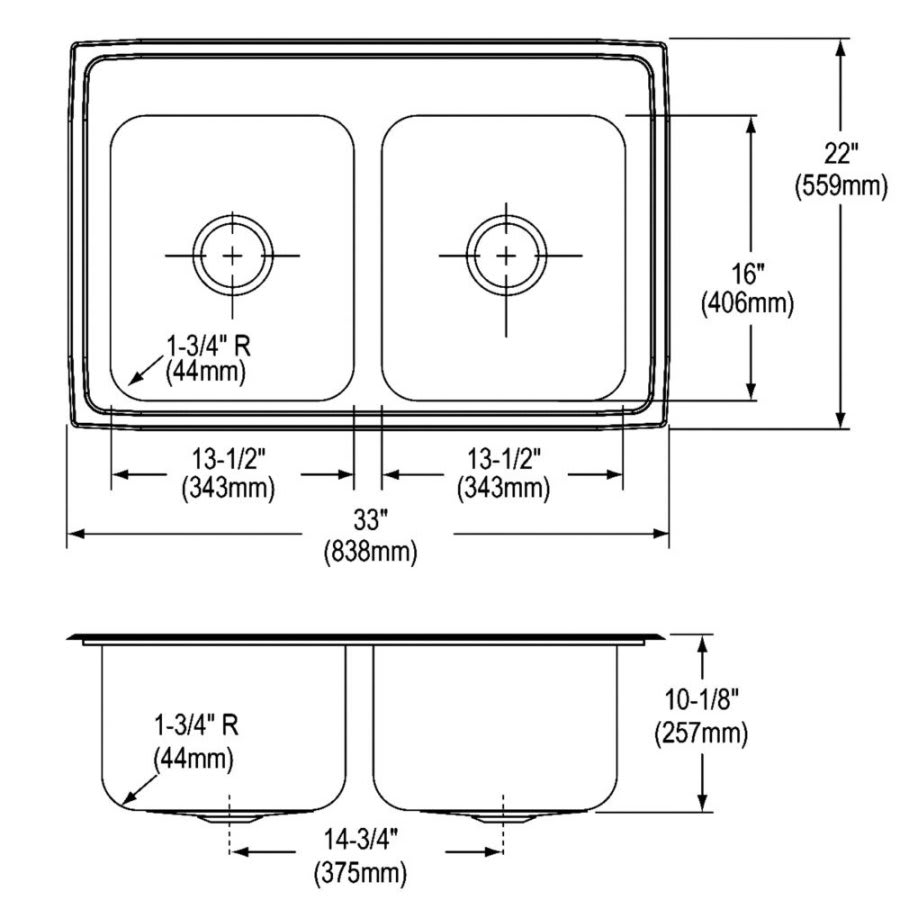 Lustertone™ Classic Double Bowl Kitchen Sink, Top Mount, 33 x 22 in, 10 in Bowl Depth, 3-Hole, 18 ga Lustrous Satin Steel, Stainless