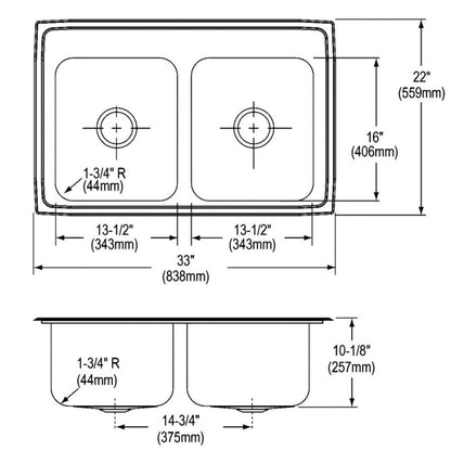 Lustertone™ Classic Double Bowl Kitchen Sink, Top Mount, 33 x 22 in, 10 in Bowl Depth, 3-Hole, 18 ga Lustrous Satin Steel, Stainless