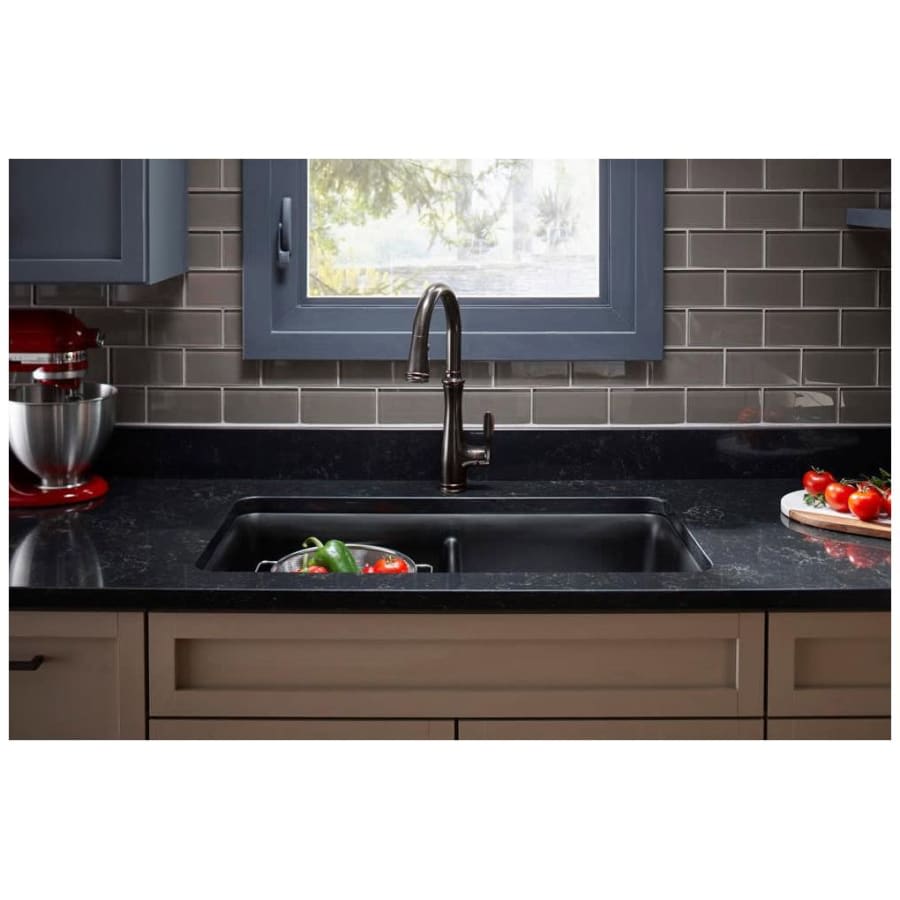 Cairn 33-1/2" Undermount Double Equal Bowl Neoroc Granite Composite Kitchen Sink with Right Sink Rack Included