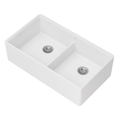 Etre 35-3/4" Farmhouse, Undermount Double Basin Fireclay Kitchen Sink with Basin Rack, and Basket Strainer