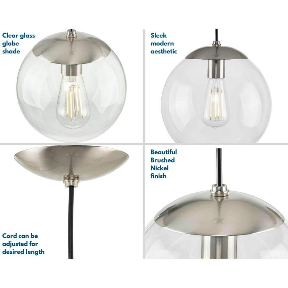 Atwell 1-Light Brushed Nickel Clear Glass Globe Modern Medium Pendant Hanging Light