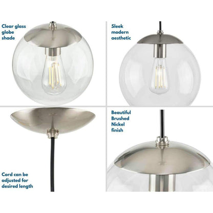 Atwell 1-Light Brushed Nickel Clear Glass Globe Modern Medium Pendant Hanging Light