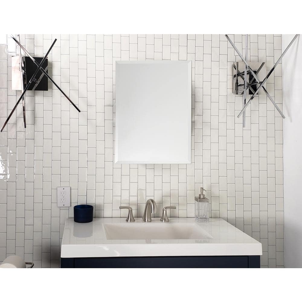 24 in. W x 32 in. H Frameless Rectangular Beveled Edge Bathroom Vanity Mirror in Silver