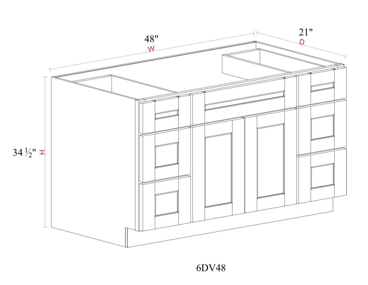 Vanity Single Sink Base Cabinet with Drawers - 48"W * 34- 1/2"H * 21"D - 6DRW